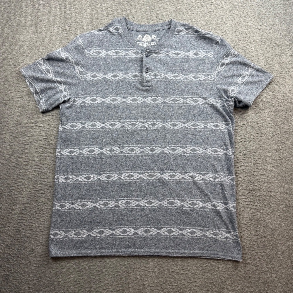 American Rag Henley Shirt Men's‎ Medium Gray Aztec Geometric Print Short Sleeve